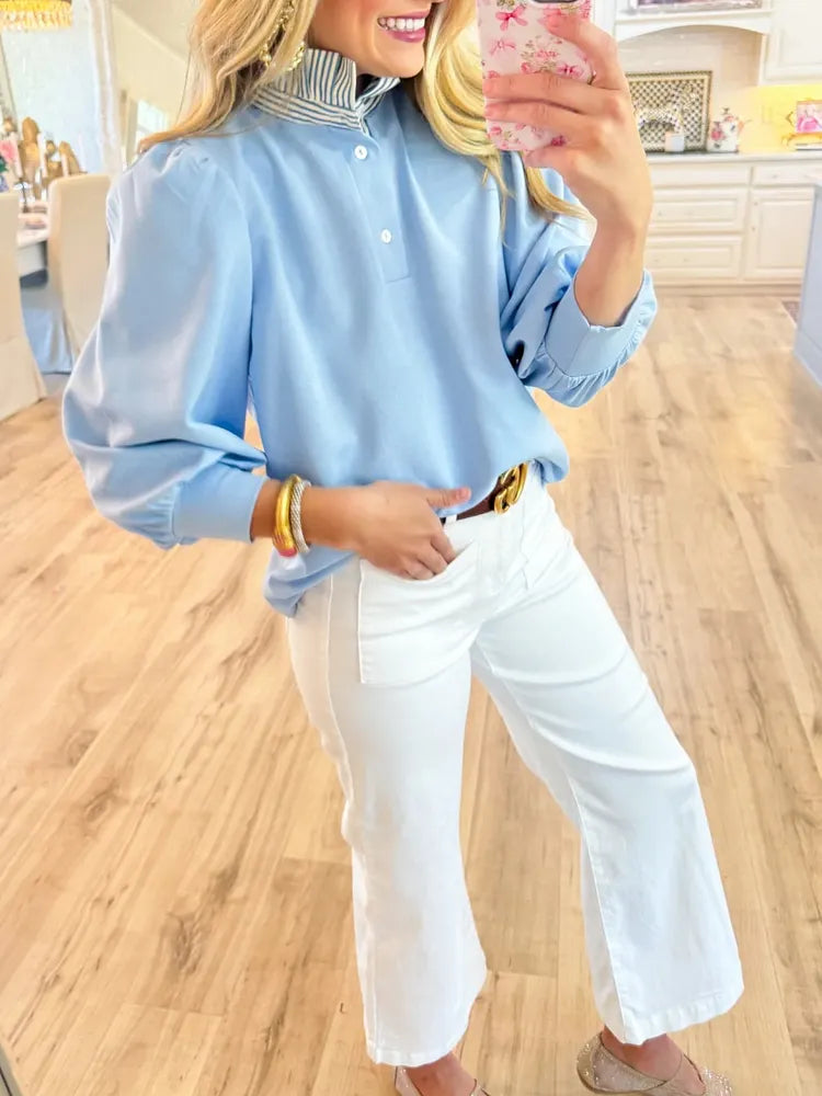 Leaf-Edge Chiffon Patchwork Top – Ruffle Neck, 3/4 Sleeve, Relaxed Fit