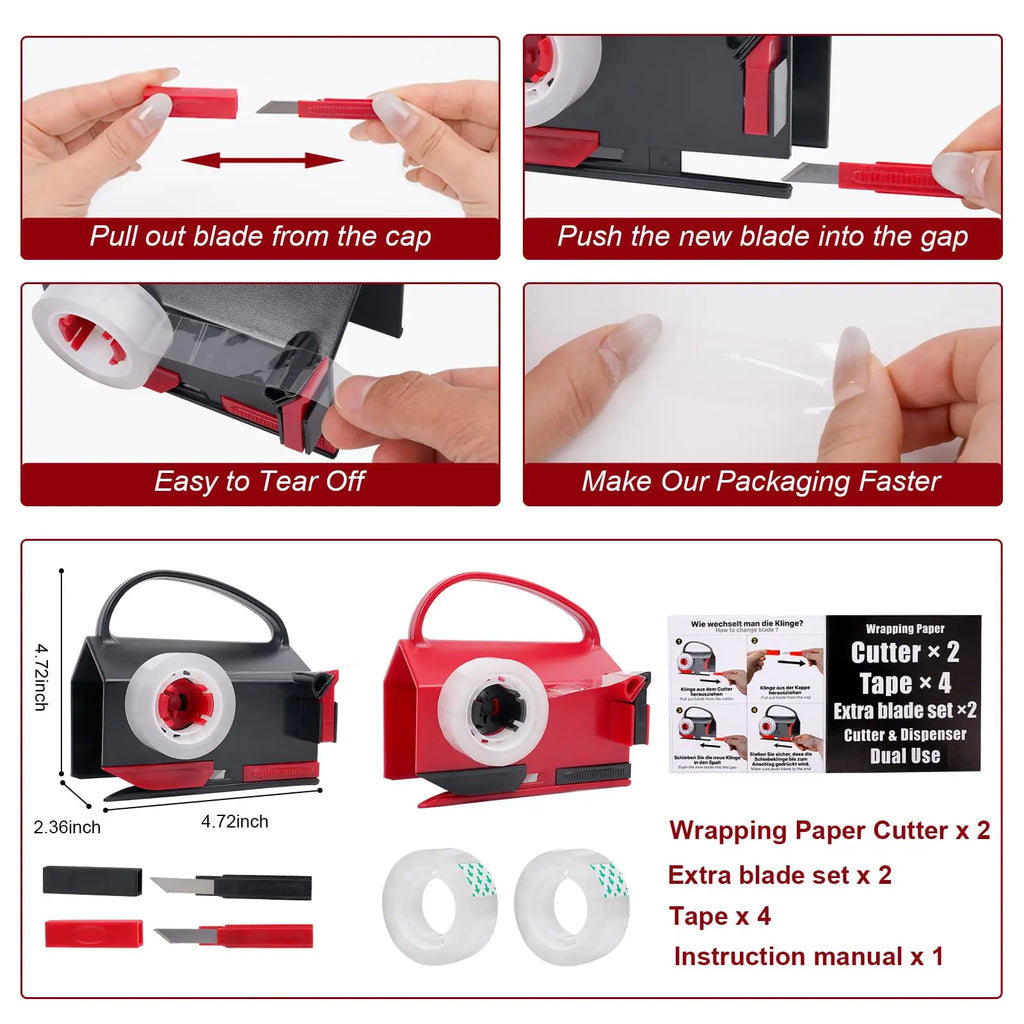 VEEVEO Dual-Use Wrapping Cutter & Tape Dispenser Kit, 4 Tapes, 2 Blades