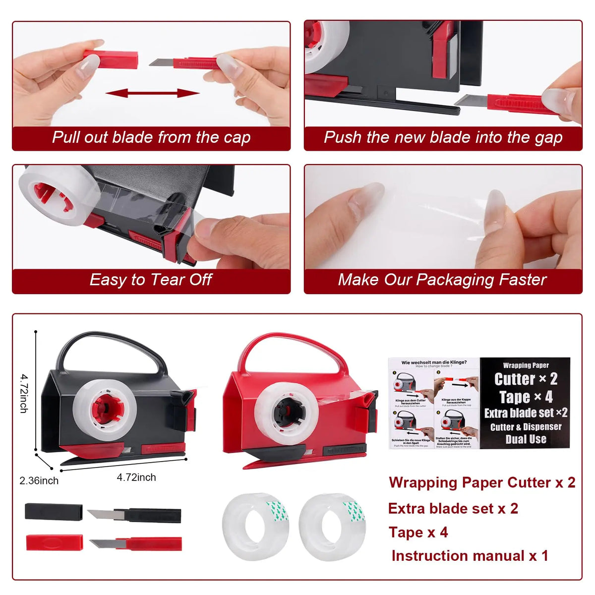 VEEVEO Dual-Use Wrapping Cutter & Tape Dispenser Kit, 4 Tapes, 2 Blades