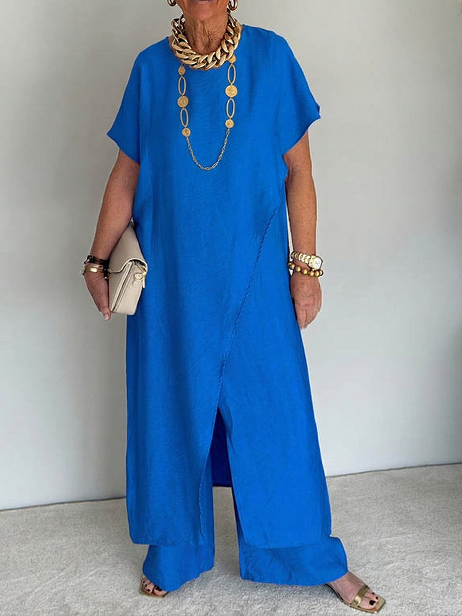 Two Piece Knit Lounge Set with Asymmetrical Hem – Cozy Casual Matching Set for Women