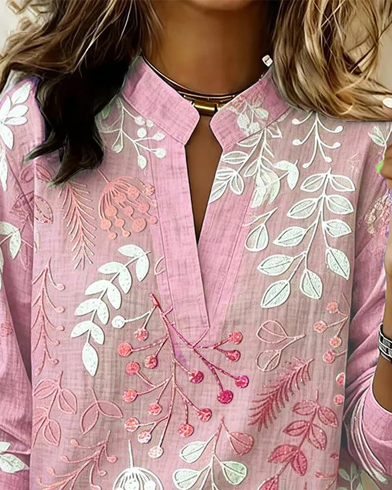 Embroidered Mandarin Collar Blouse – Artisanal Floral Long Sleeve Top