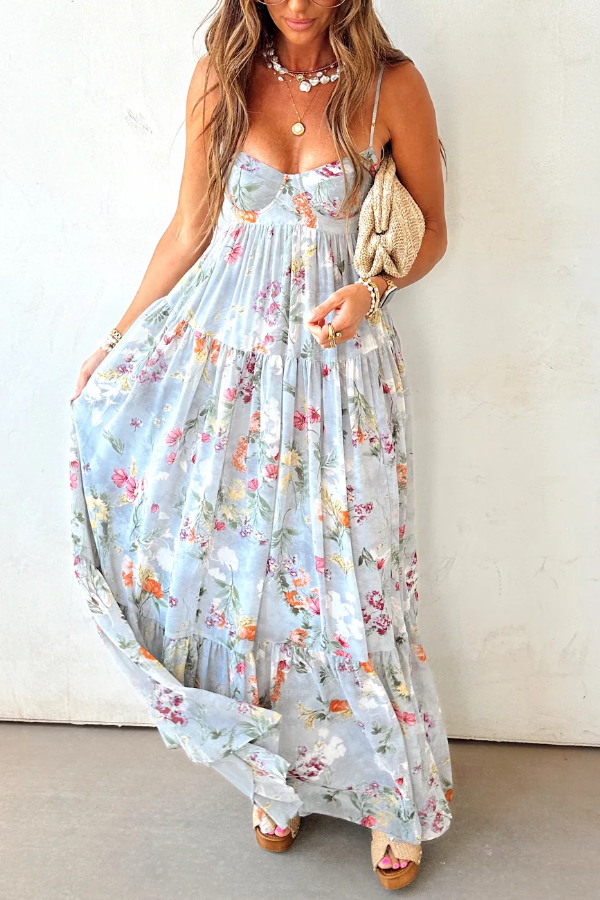 Women's Vintage Style Maxi Dress – V-Neck Sleeveless & Flowing Floor-Length
