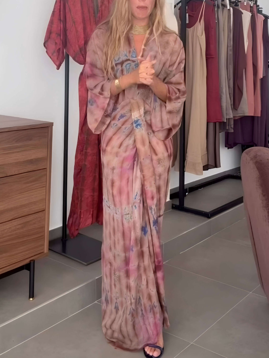 Women's Kimono-Style Printed Maxi Dress – Flowy Bell Sleeve & Bohemian Floral Print