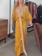 Women's Kimono-Style Printed Maxi Dress – Flowy Bell Sleeve & Bohemian Floral Print
