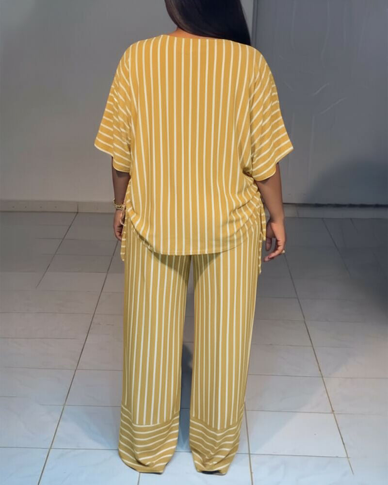 Striped Drawstring Top & Wide-Leg Pants Set – Adjustable Length, Pockets