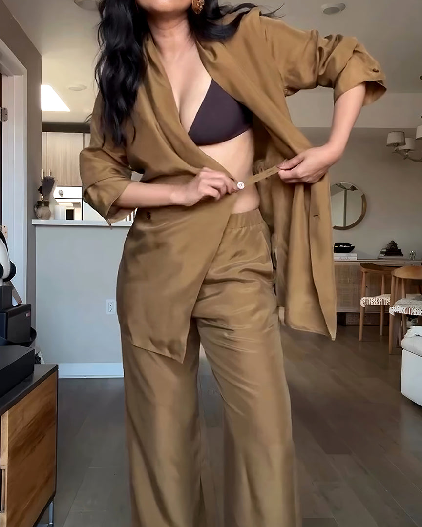 Women's Two-Piece Commuter Set – Long Sleeve Shirt & Elastic Waist Pants