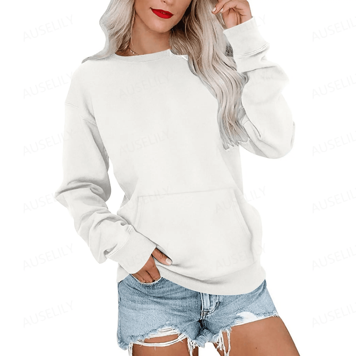 Hoodless Crewneck Sweatshirt – Kangaroo Pocket, Relaxed Fit, Lightweight Fleece