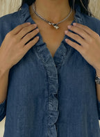 Women's Casual Denim Blouse – V-Neck Ruffled Collar & 3/4 Sleeves