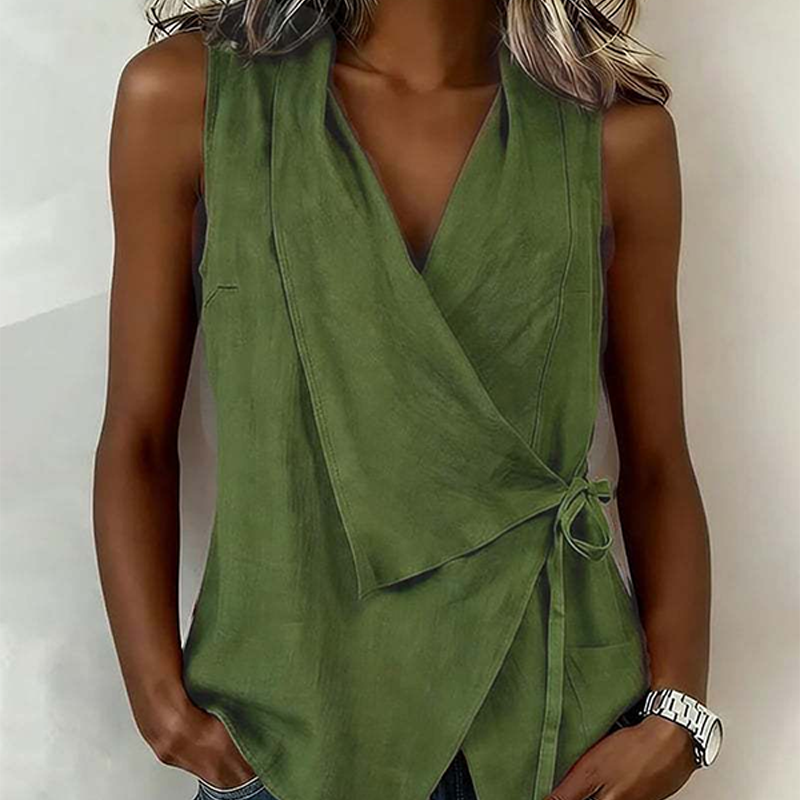 Crisscross Tie Cotton Linen Tank – V-Neck, Adjustable Side Tie, Relaxed Fit