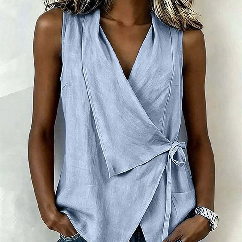Crisscross Tie Cotton Linen Tank – V-Neck, Adjustable Side Tie, Relaxed Fit