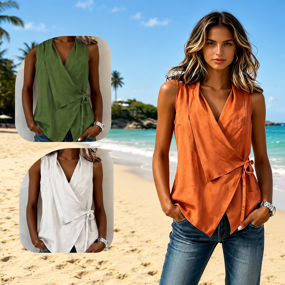 Crisscross Tie Cotton Linen Tank – V-Neck, Adjustable Side Tie, Relaxed Fit