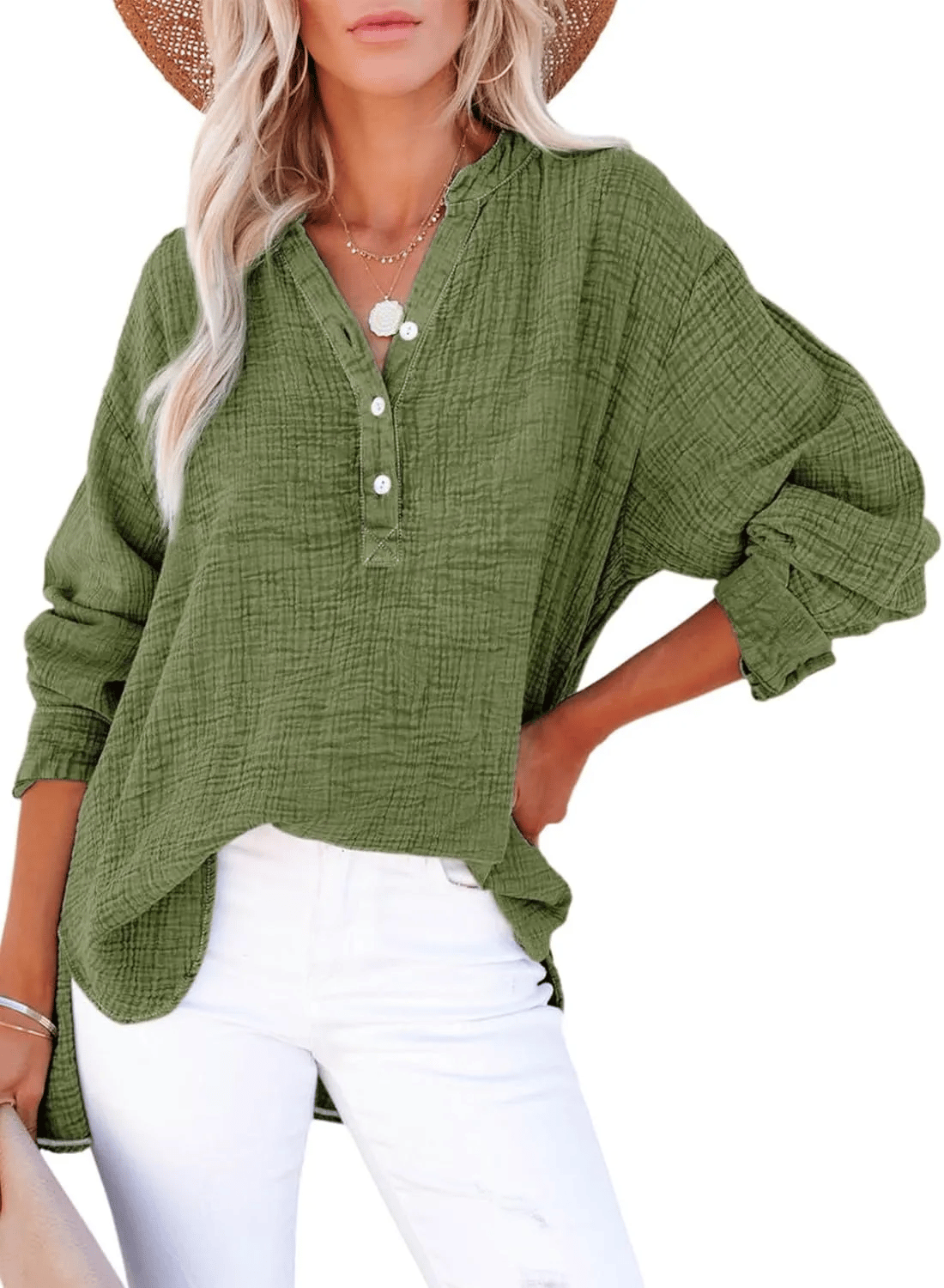 Bubble Sleeve Boyfriend Shirt – Long Sleeve Button-Up