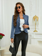 Ruffle Trim Open-Front Denim Jacket – Lightweight Washed Denim