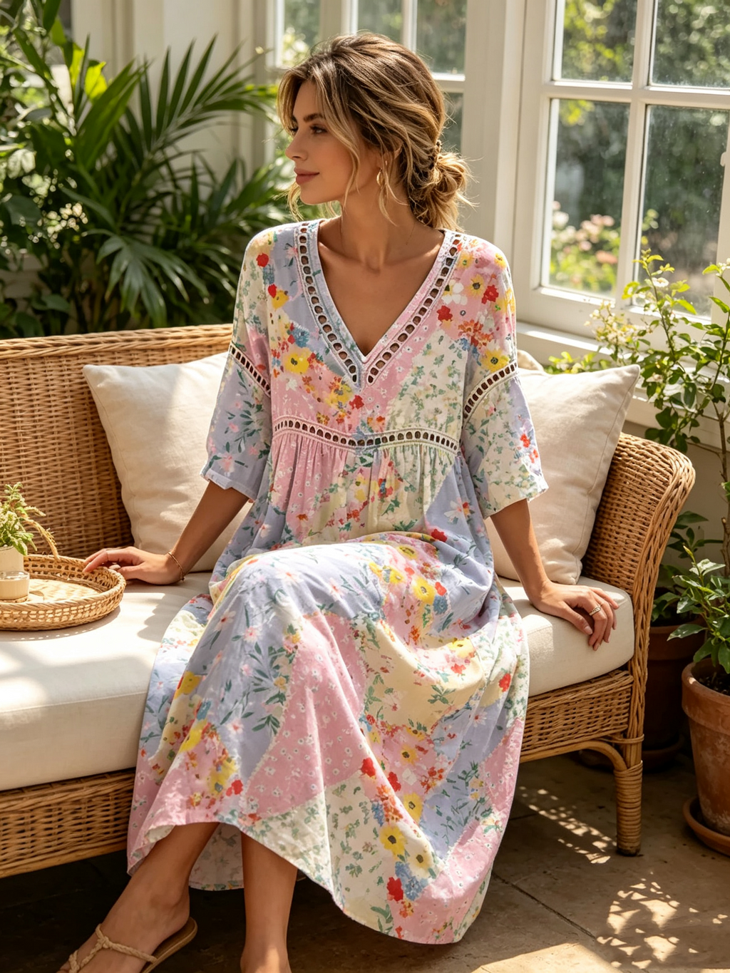 💝💝Women's floral patchwork maxi dress with a V-neck