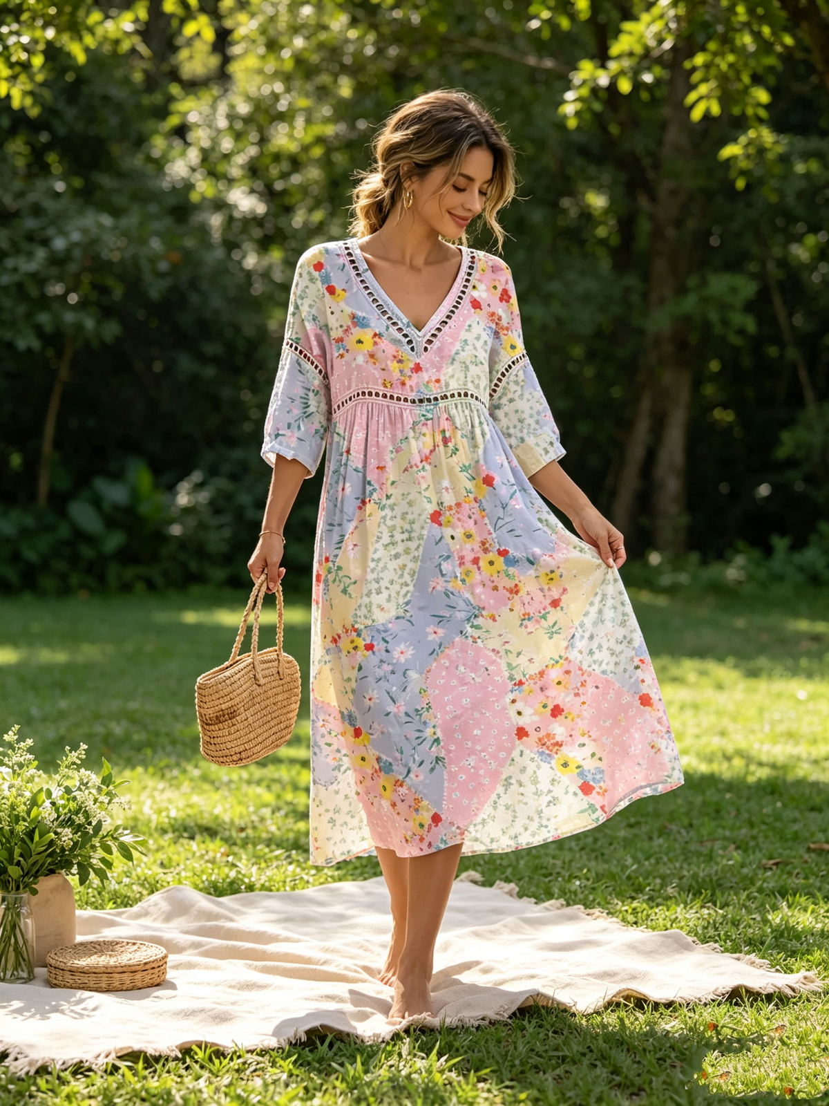 💝💝Women's floral patchwork maxi dress with a V-neck