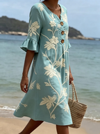 💝💝 Women's casual floral-print dress in a cotton-linen blend