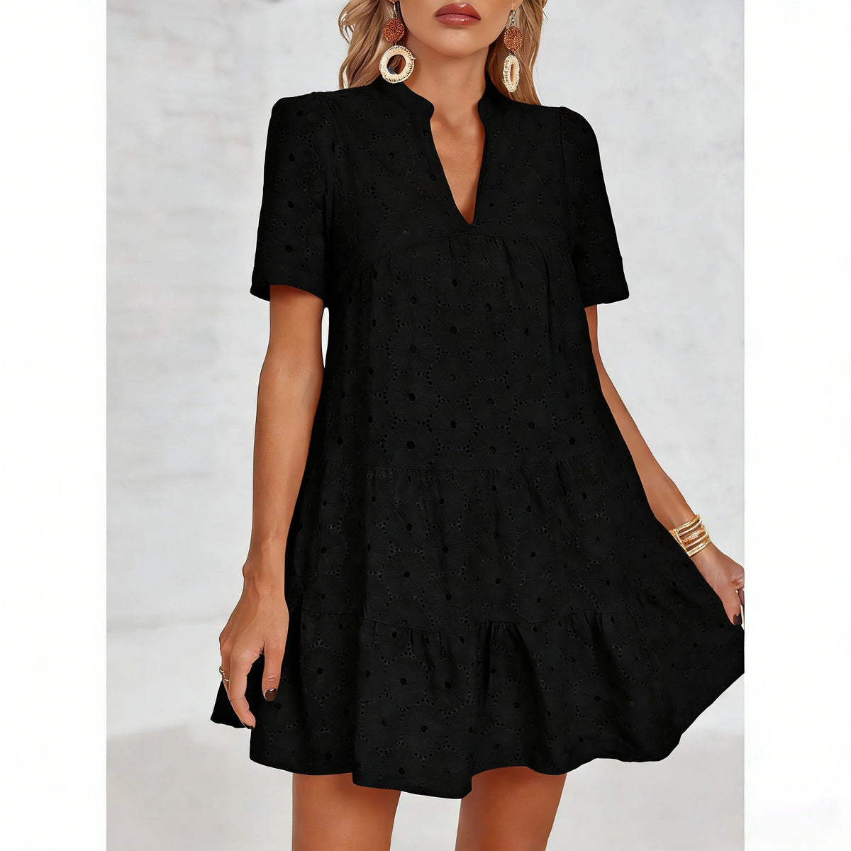 Eyelet Lace flowing dress – V-Neck, Short Sleeve, Relaxed Fit