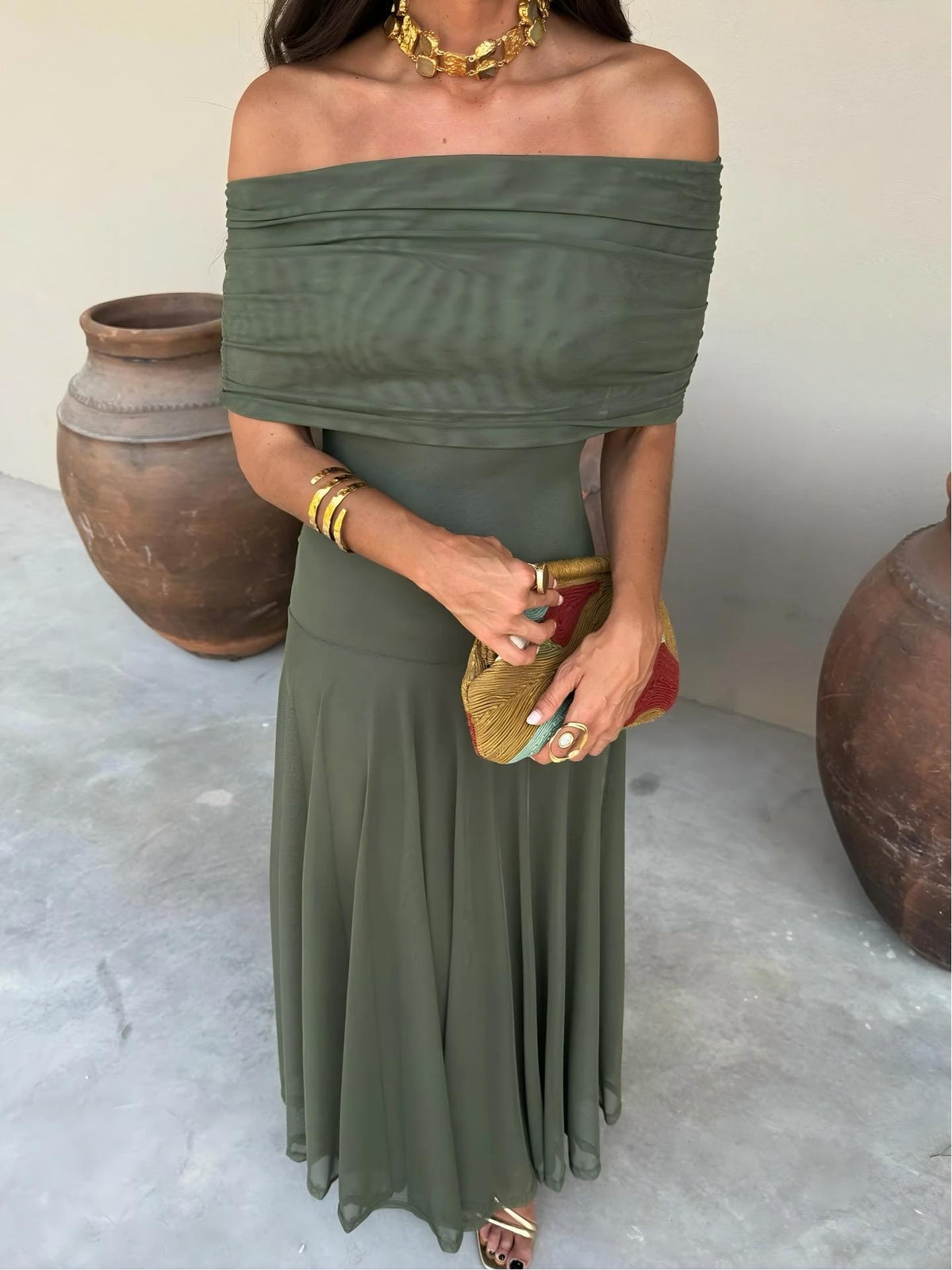Women's One Shoulder Mesh Maxi Dress