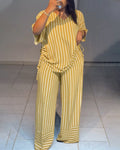 Striped Drawstring Top & Wide-Leg Pants Set – Adjustable Length, Pockets