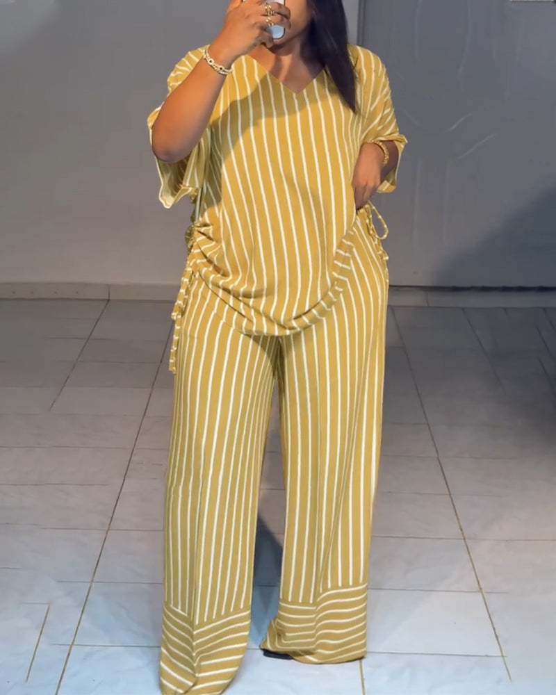 Striped Drawstring Top & Wide-Leg Pants Set – Adjustable Length, Pockets