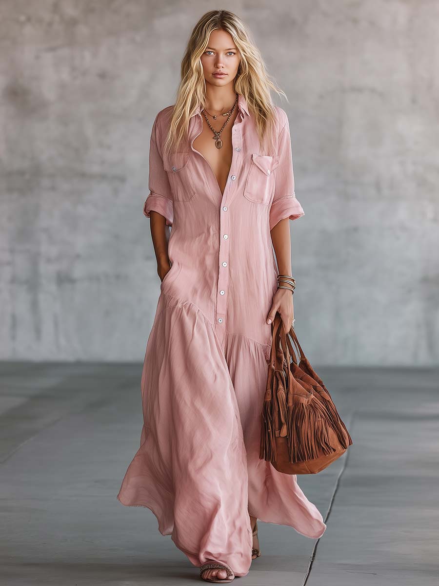 Pink Western Shirt Dress – Retro Maxi for Women