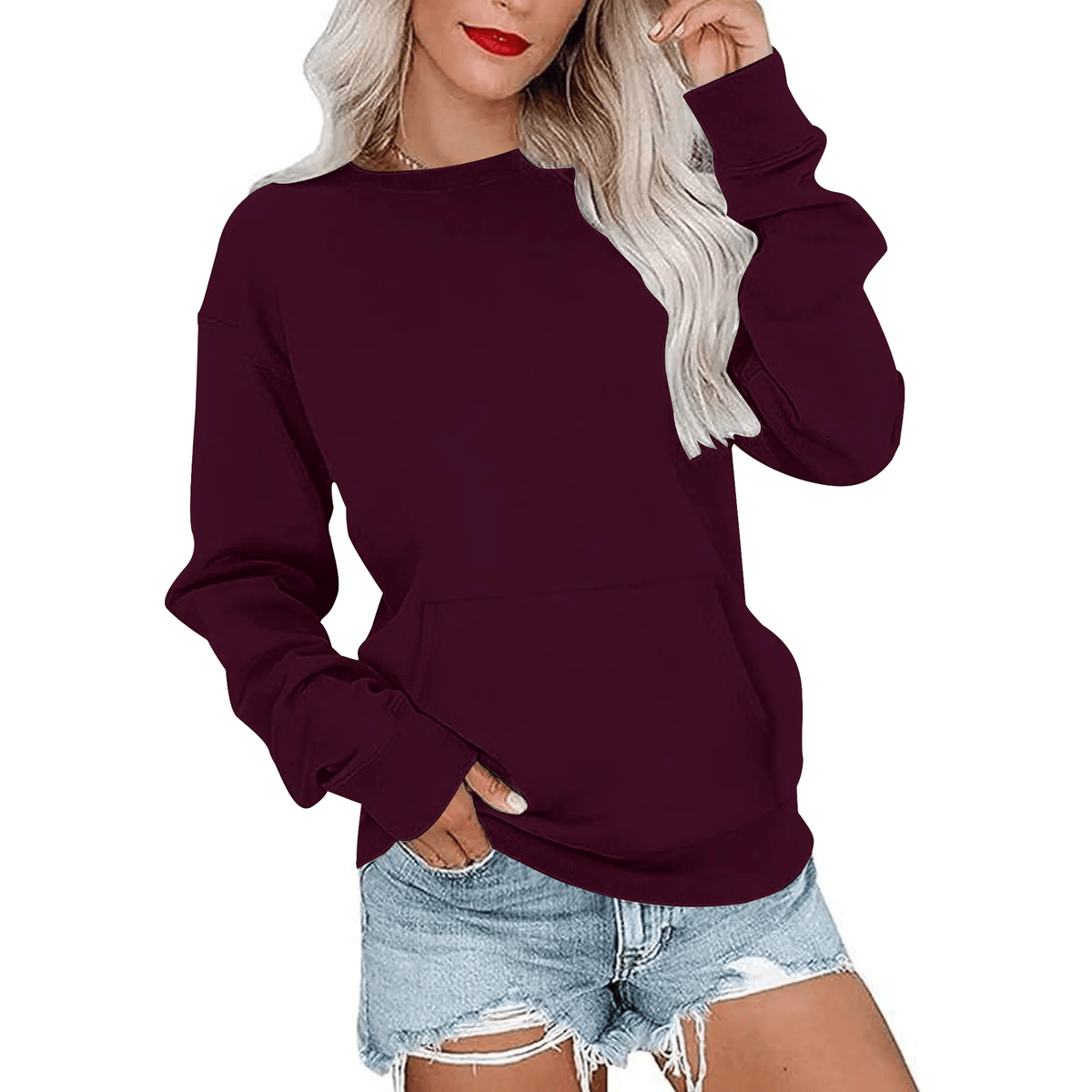 Hoodless Crewneck Sweatshirt – Kangaroo Pocket, Relaxed Fit, Lightweight Fleece