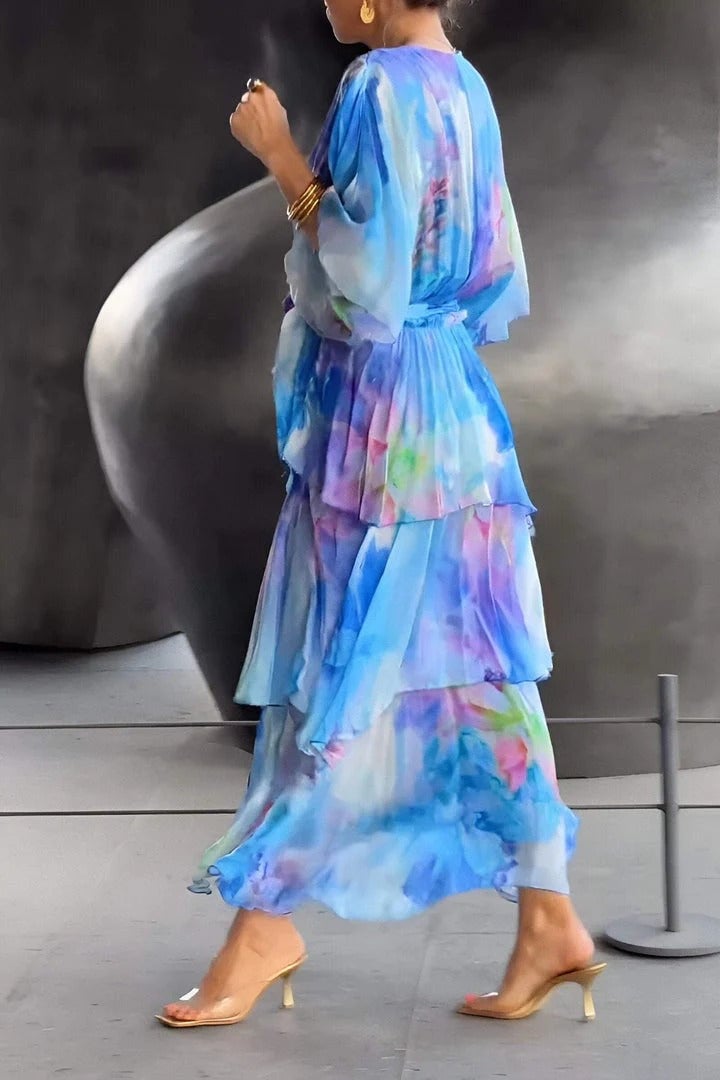 Women's Bohemian Maxi Dress – V-Neck Tiered Ruffles & Adjustable Waist Tie