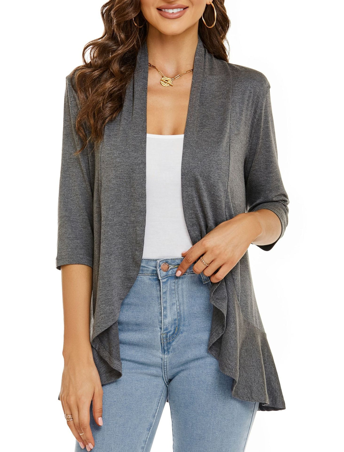 Lightweight Open Front Cardigan – Soft Rayon Blend, 3/4 Sleeve