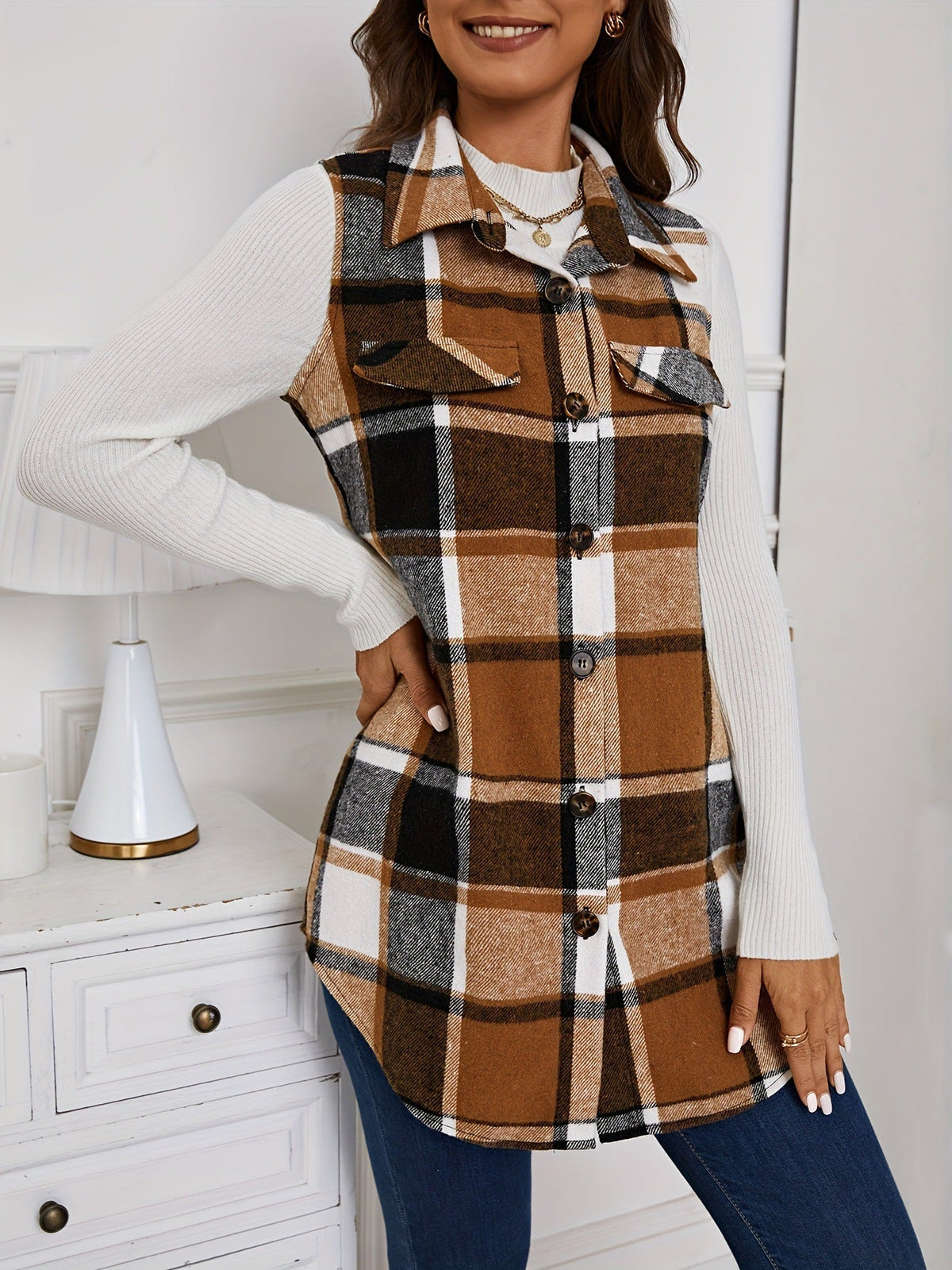 Classic Plaid Sleeveless Vest – Button-Front, Lapel Collar, Layering Essential