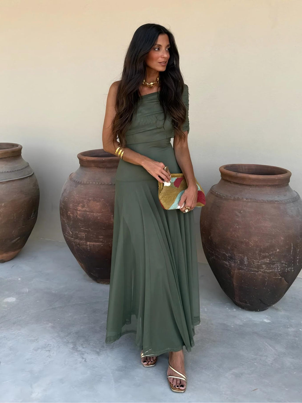 Women's One Shoulder Mesh Maxi Dress