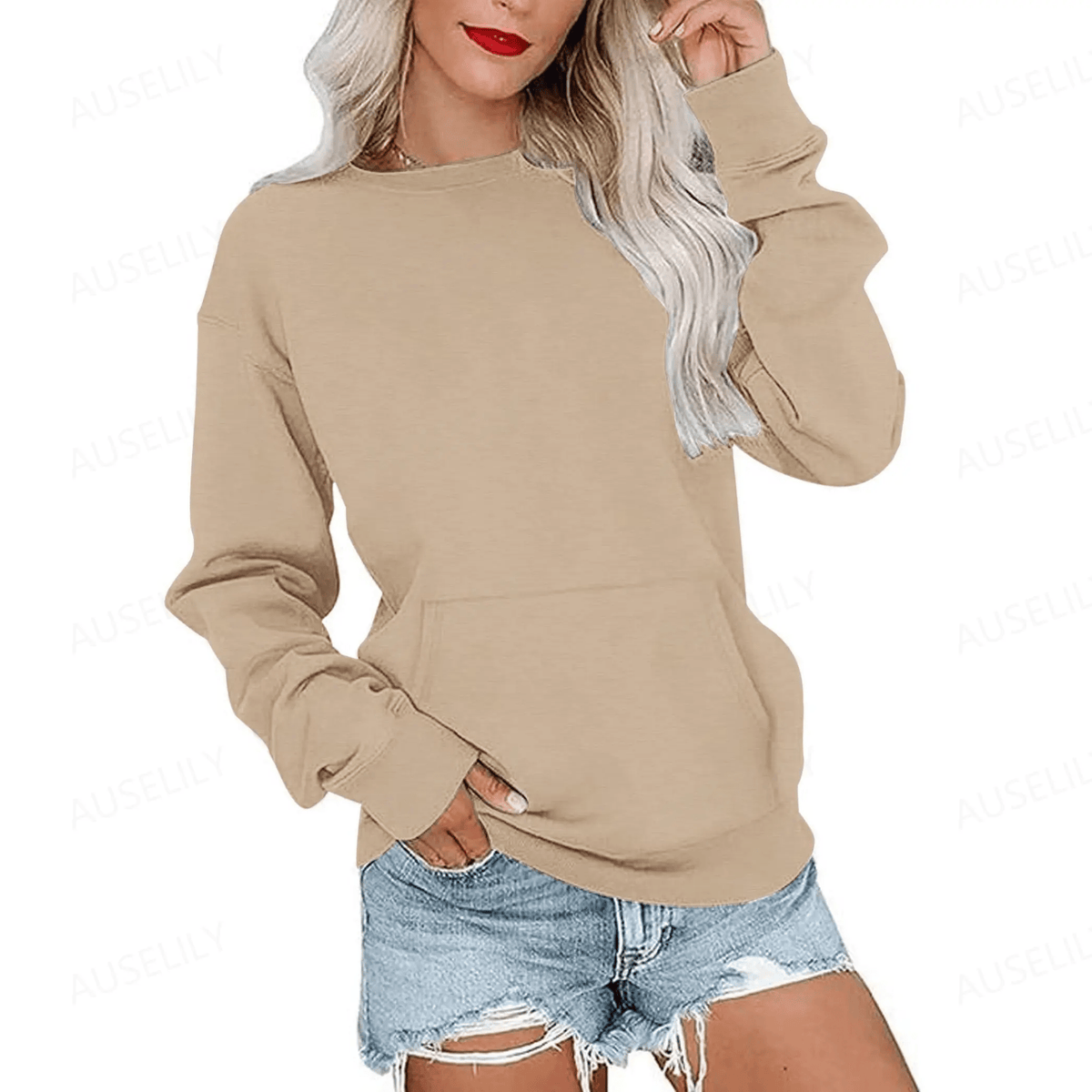 Hoodless Crewneck Sweatshirt – Kangaroo Pocket, Relaxed Fit, Lightweight Fleece