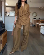 Women's Two-Piece Commuter Set – Long Sleeve Shirt & Elastic Waist Pants