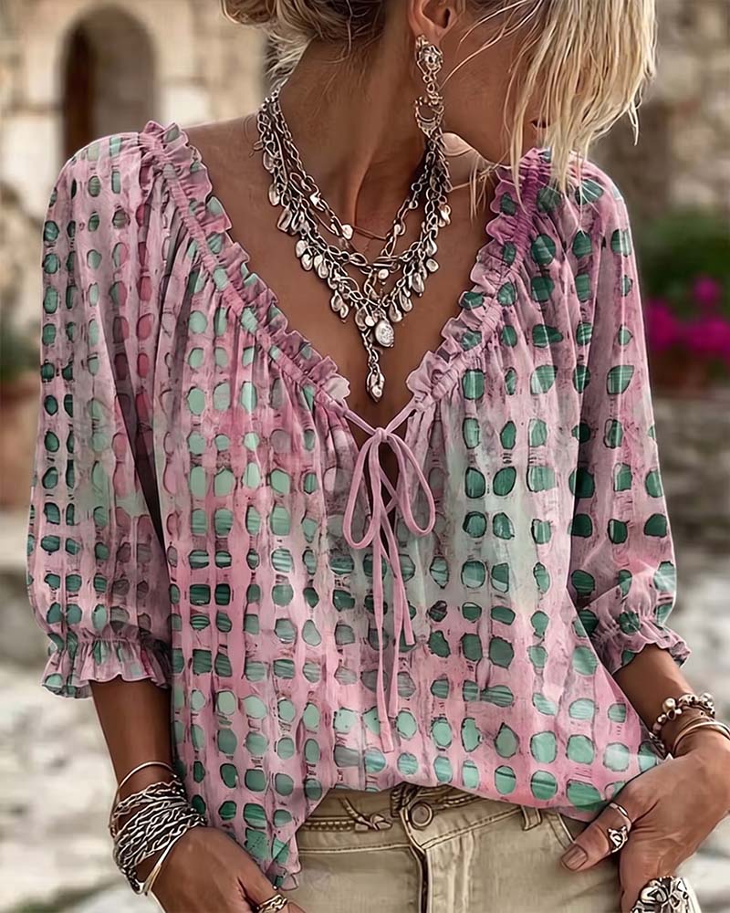 Polka Dot Tie-Front Blouse – V-Neck, 3/4 Sleeve, Relaxed Fit
