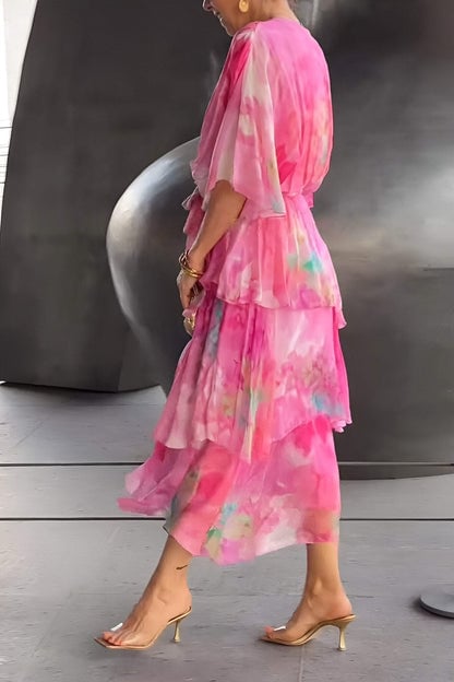 Women's Bohemian Maxi Dress – V-Neck Tiered Ruffles & Adjustable Waist Tie