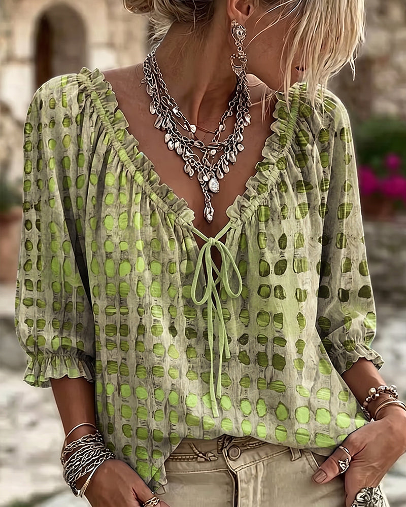 Polka Dot Tie-Front Blouse – V-Neck, 3/4 Sleeve, Relaxed Fit