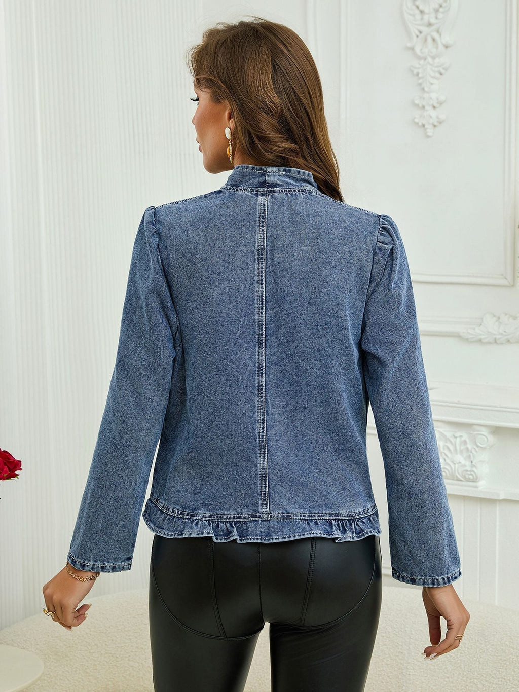 Ruffle Trim Open-Front Denim Jacket – Lightweight Washed Denim