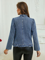 Ruffle Trim Open-Front Denim Jacket – Lightweight Washed Denim