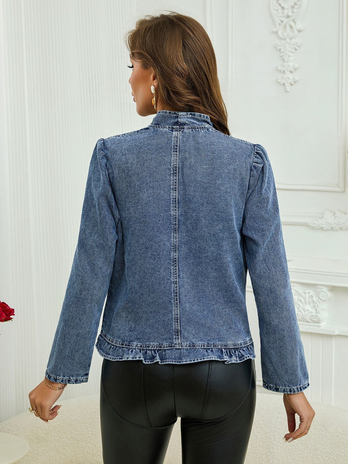 Ruffle Trim Open-Front Denim Jacket – Lightweight Washed Denim