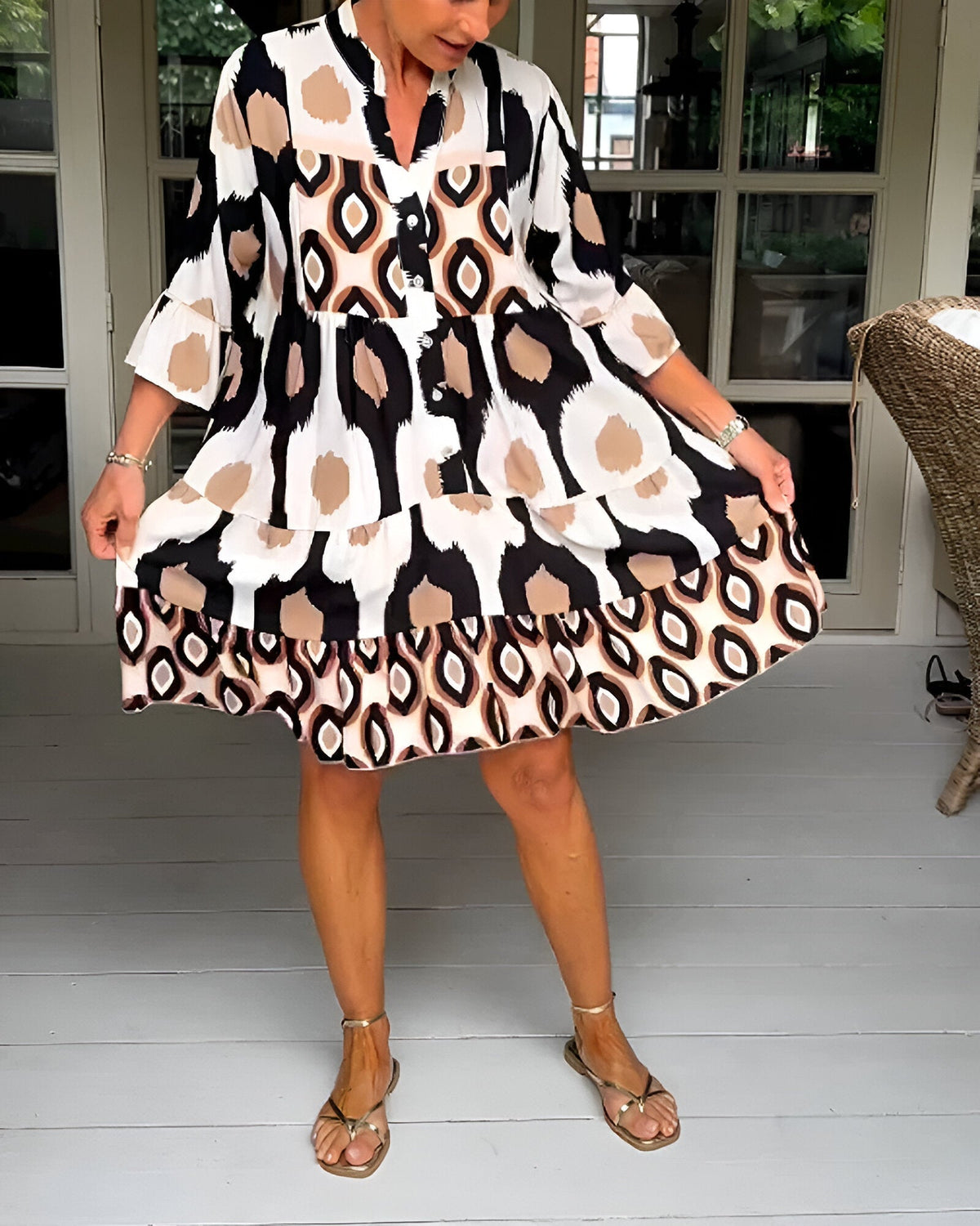 Floral Midi Dress — Women's 3/4 Sleeve A-Line Dress