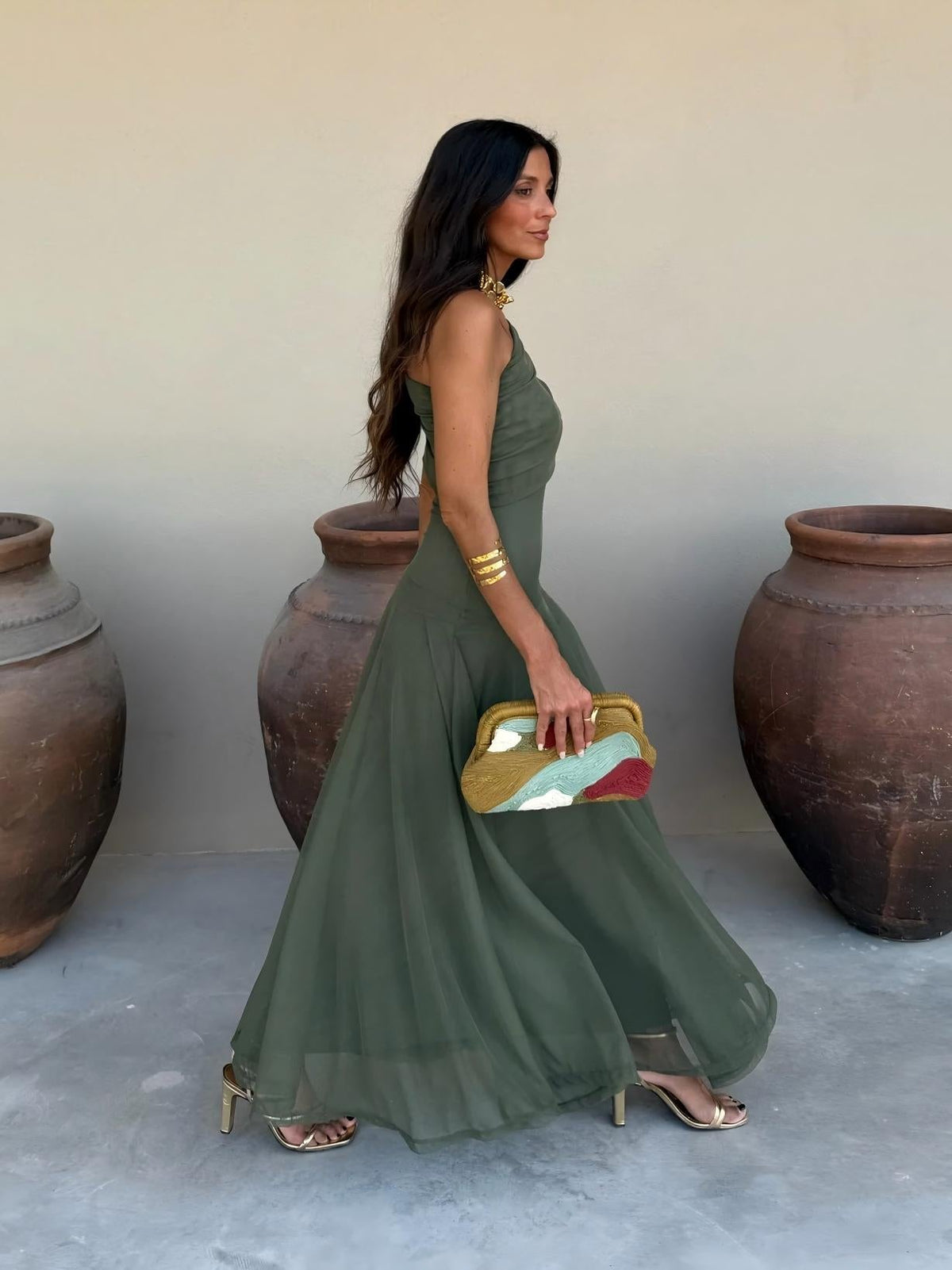 Women's One Shoulder Mesh Maxi Dress