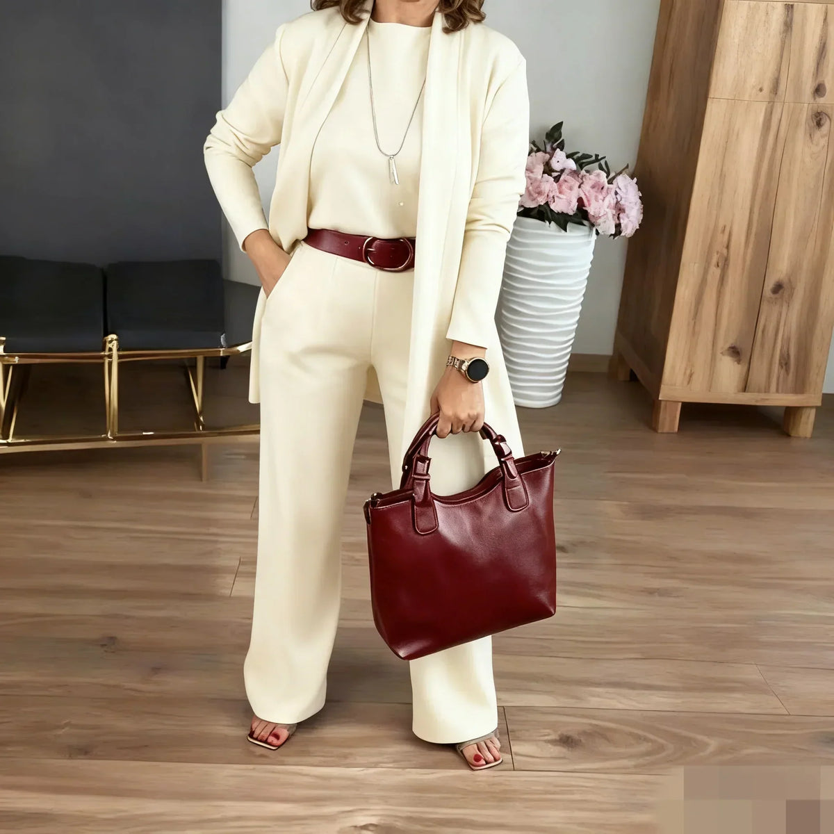 Soft Knit 3-Piece Set – Long Cardigan, Shell Top & Wide-Leg Pants
