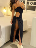 Women's Bandeau Side Slit Bodysuit Dress – Open Back Flared Mini Dress