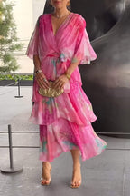 Women's Bohemian Maxi Dress – V-Neck Tiered Ruffles & Adjustable Waist Tie
