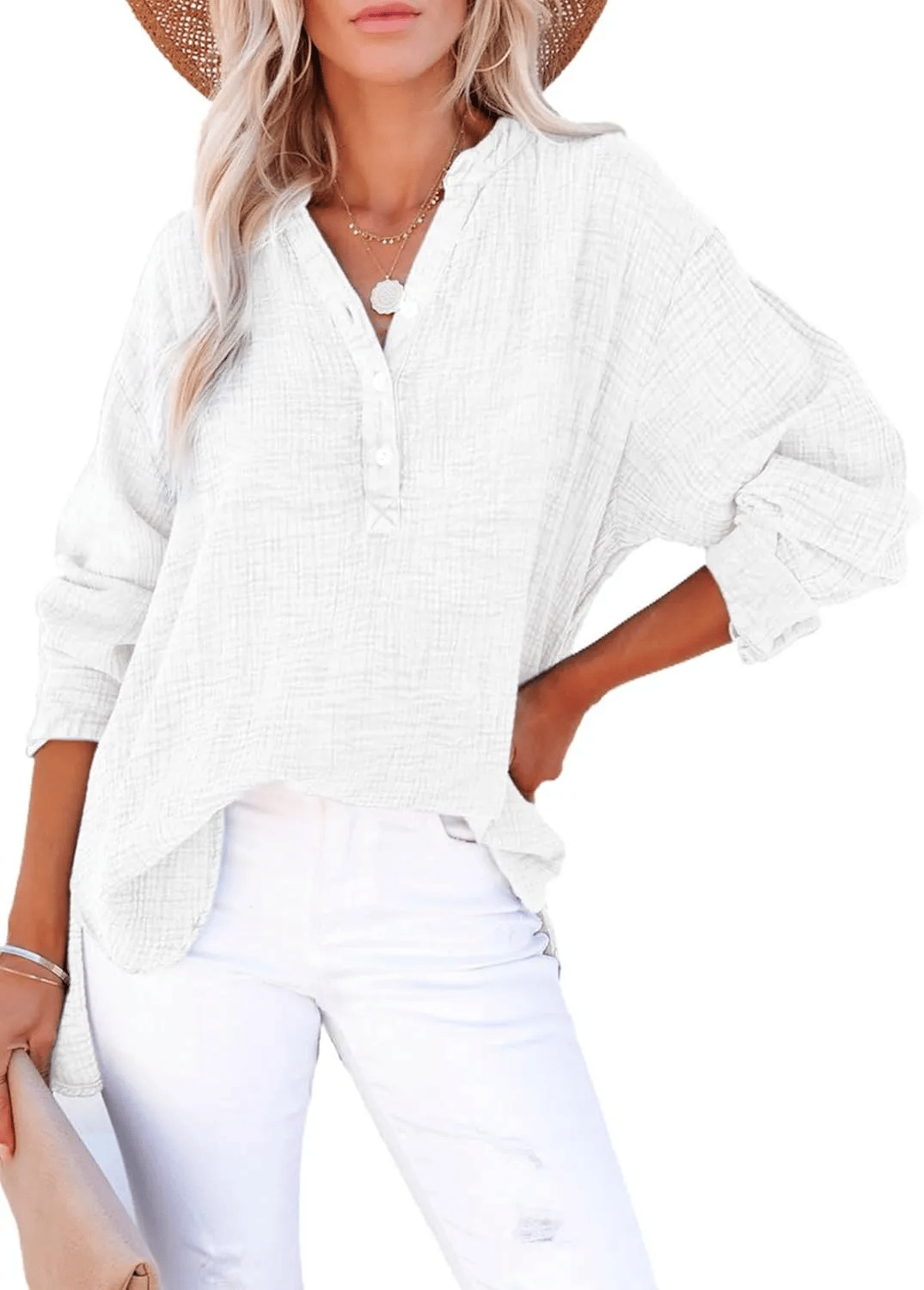 Bubble Sleeve Boyfriend Shirt – Long Sleeve Button-Up