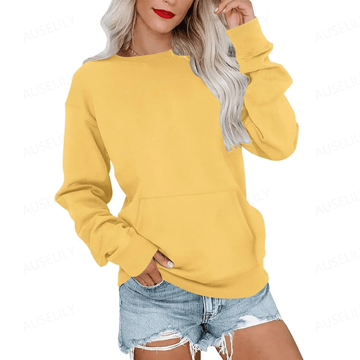 Hoodless Crewneck Sweatshirt – Kangaroo Pocket, Relaxed Fit, Lightweight Fleece