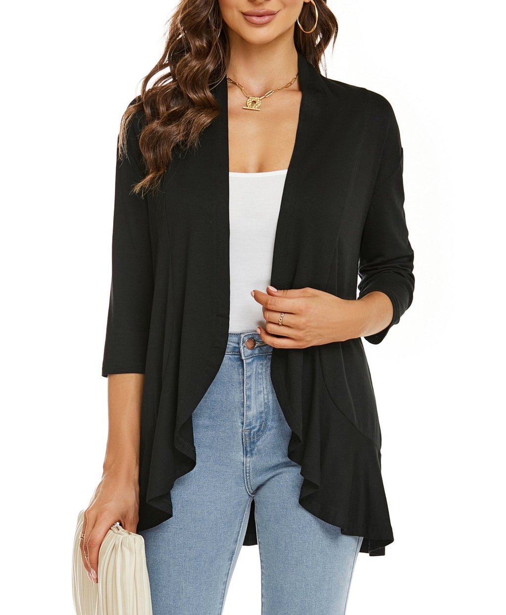 Lightweight Open Front Cardigan – Soft Rayon Blend, 3/4 Sleeve