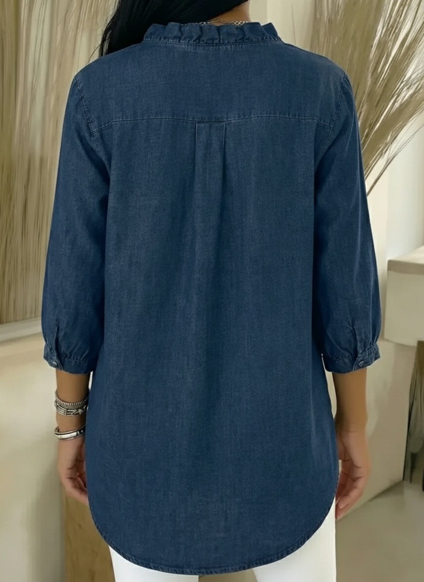 Women's Casual Denim Blouse – V-Neck Ruffled Collar & 3/4 Sleeves