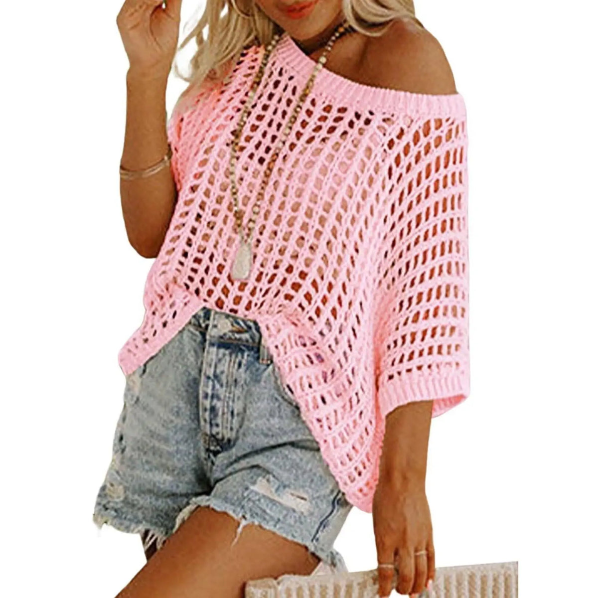 Crochet Hollow-Out Knit Top – 3/4 Sleeve, Lightweight Summer Pullover