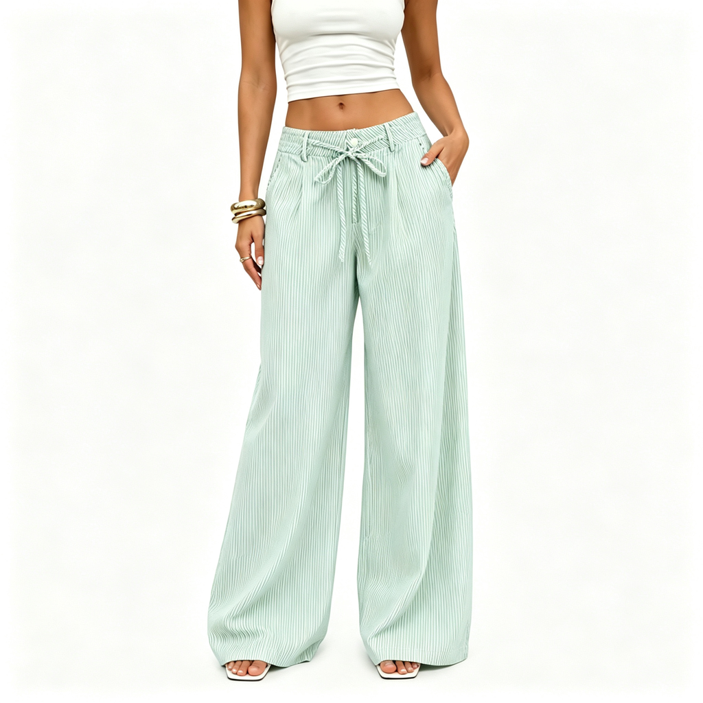 💚 Women's  Striped With Pockets Black Baggy Low Rise Wide Leg Pants