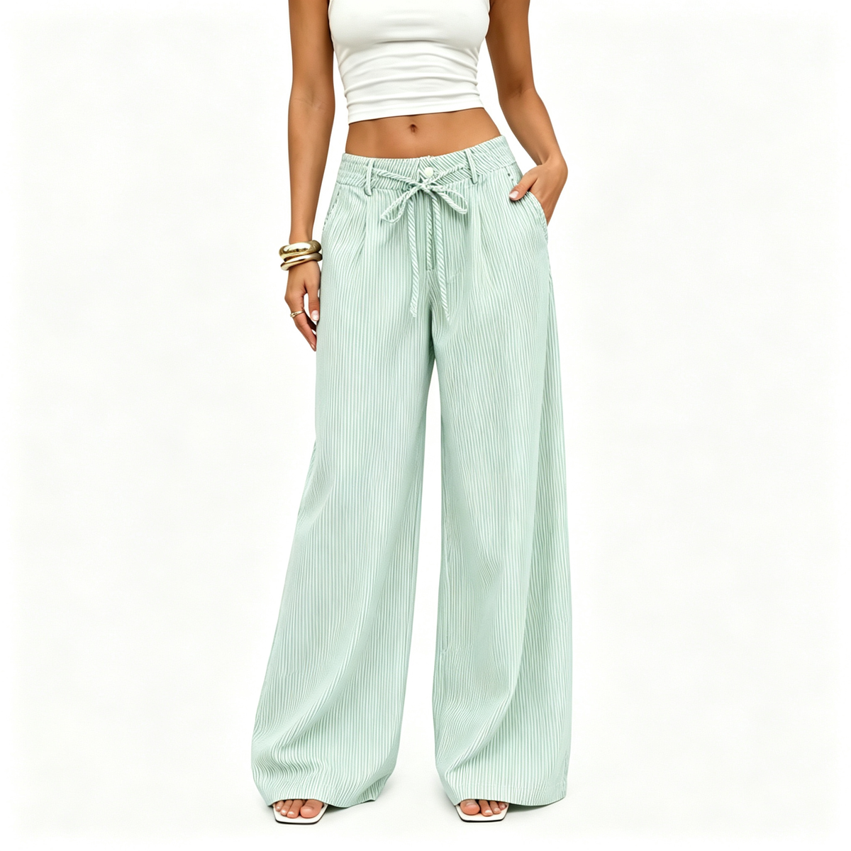 💚 Women's  Striped With Pockets Black Baggy Low Rise Wide Leg Pants